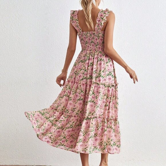 Multicolor Boho Womens Allover Floral Print Ruffle Hem Dress - Picture 3 of 5